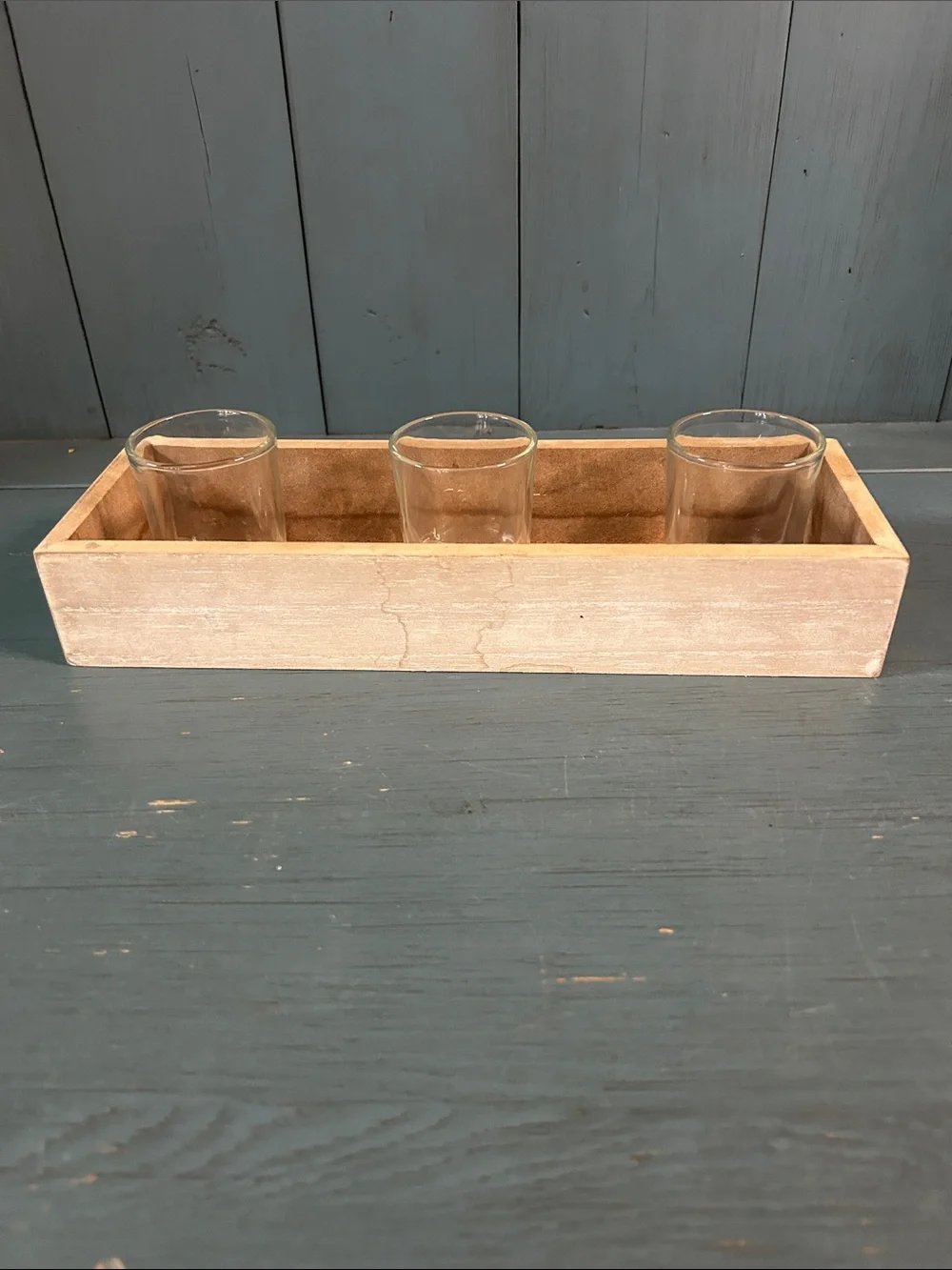 Wooden Decorative Tray with Three Glass Holders - Natural Candle Holder